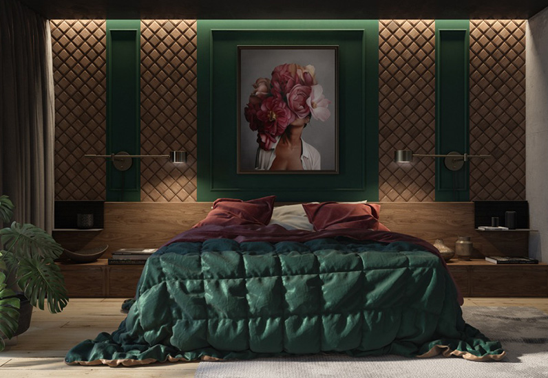 Căn phòng ngủ với điểm nhấn màu xanh vô cùng các tính