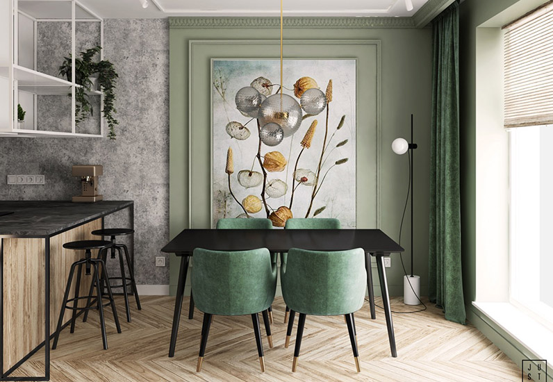 Trang trí phòng ăn nhẹ nhàng với gam màu xanh be.