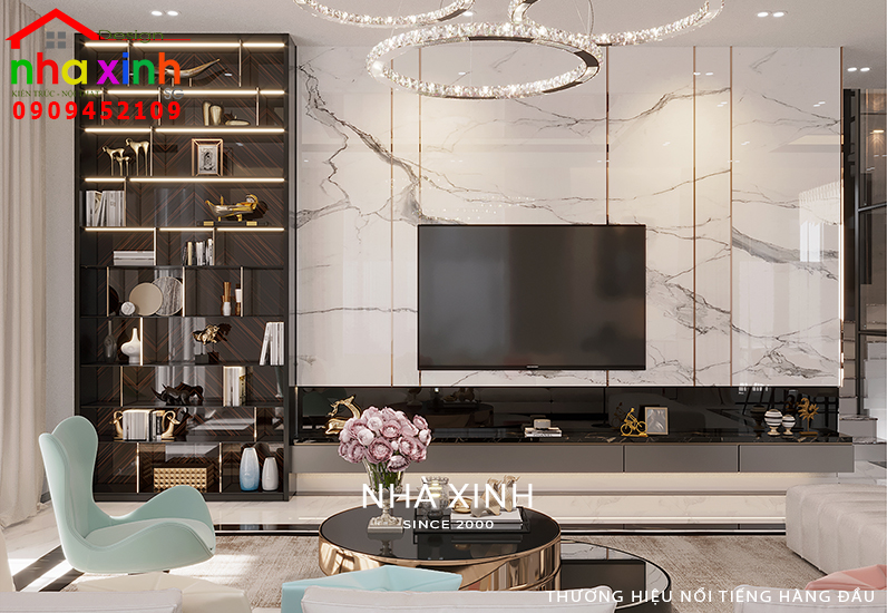 Phòng khách kết hợp kệ học tủ tivi tiện nghi và sang trọng