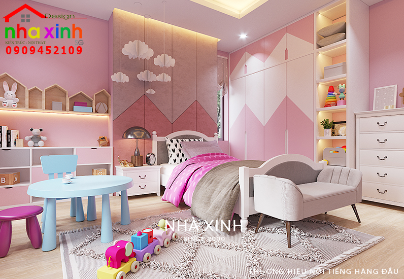 Phòng ngủ con gái tông màu hồng