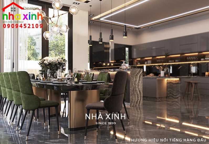 Phòng bếp biệt thự được bố trí bàn ăn sang trọng