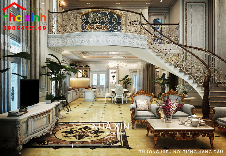 Không gian phòng khách biệt thự cổ kính và sang trọng