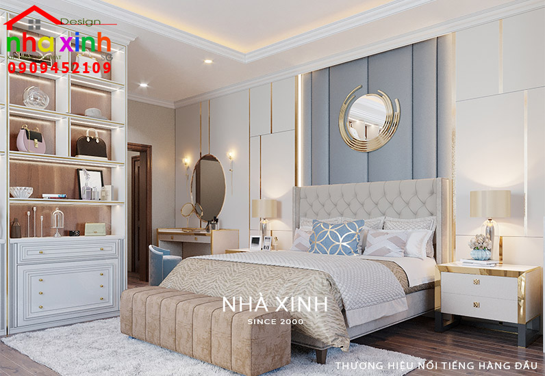 Không gian phòng ngủ được thiết kế với gam màu trung tính nhẹ nhàng