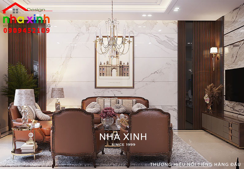 Phòng khách được thiết kế nổi bật với bộ ghế sofa cao cấp