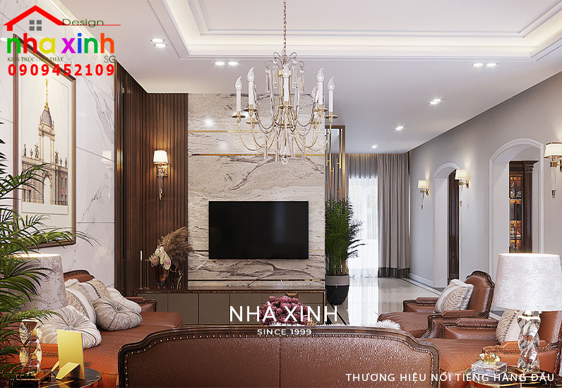 Không gian phòng khách được tạo điểm nhấn bởi bộ đèn chùm pha lê lộng lẫy