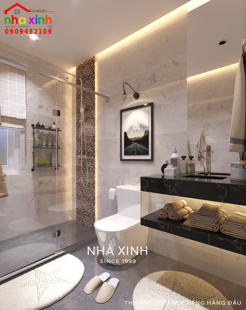 Phòng WC được thiết kế với phần gạch ốp vân đá sang trọng