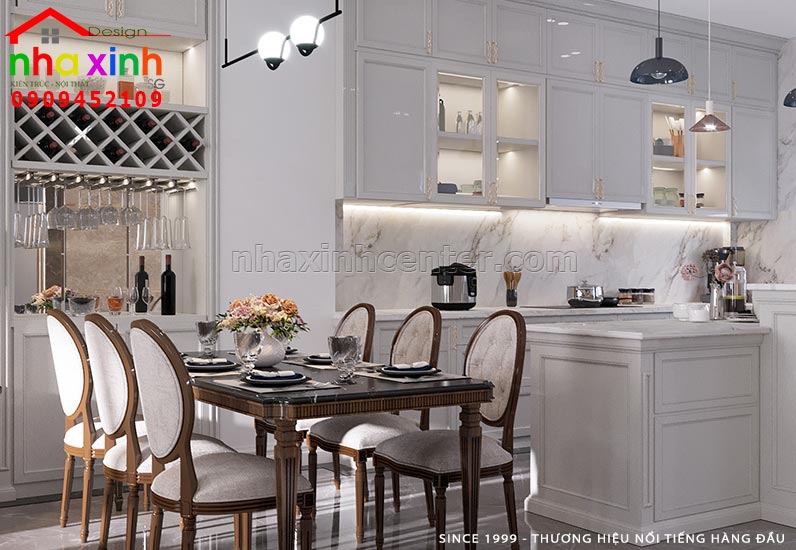 Bàn ăn được thiết kế nổi bật với chất liệu gỗ cao cấp