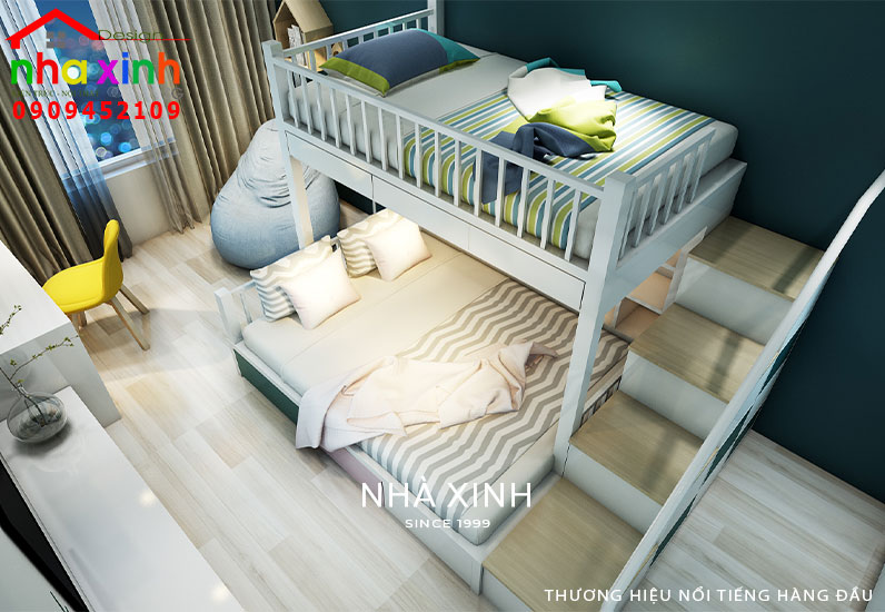 Phòng ngủ được kế với màu sắc trẻ trung và sinh động