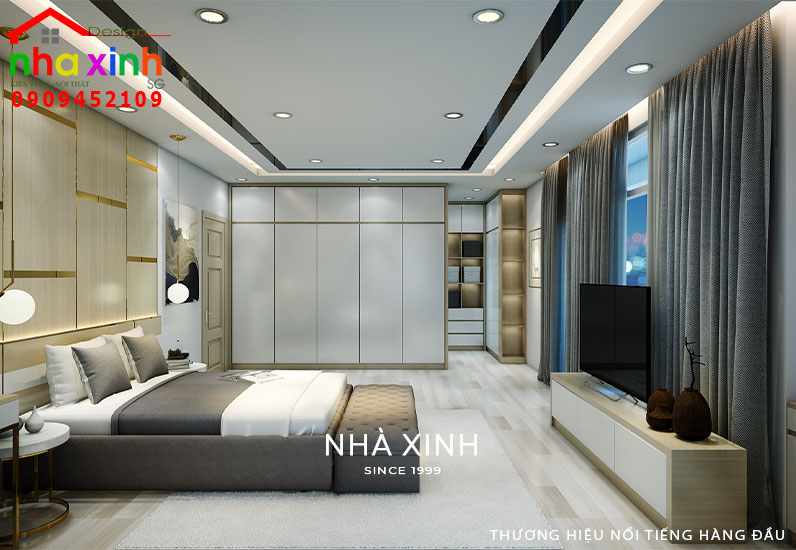 Không gian phòng ngủ với gam màu trung tính nhẹ nhàng và thanh lịch