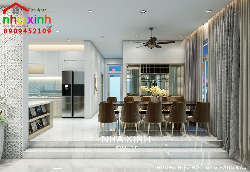 Khu vực bàn ăn được thiết kế rộng rãi cạnh khung cửa kính lớn