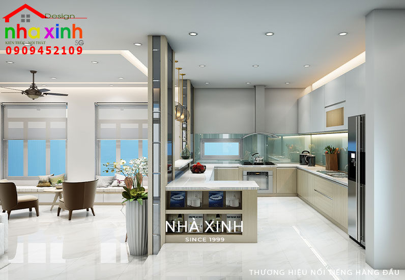 Phòng bếp được bố trí với hệ tủ bếp thông minh tạo sự tiện nghi và sang trọng