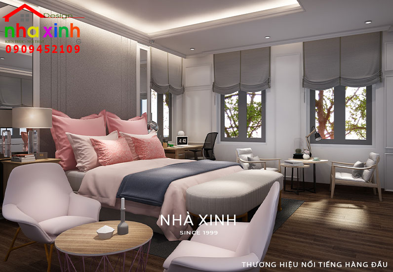 Không gian phòng ngủ được sử dụng với tone màu hồng trẻ trung
