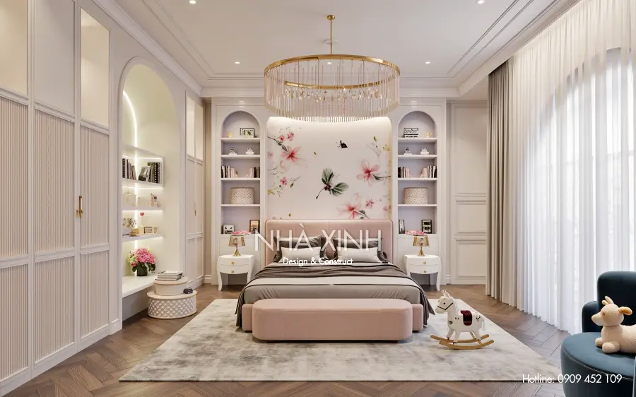 Phòng ngủ trẻ em với giường đôi, màu sắc tươi sáng và góc học tập