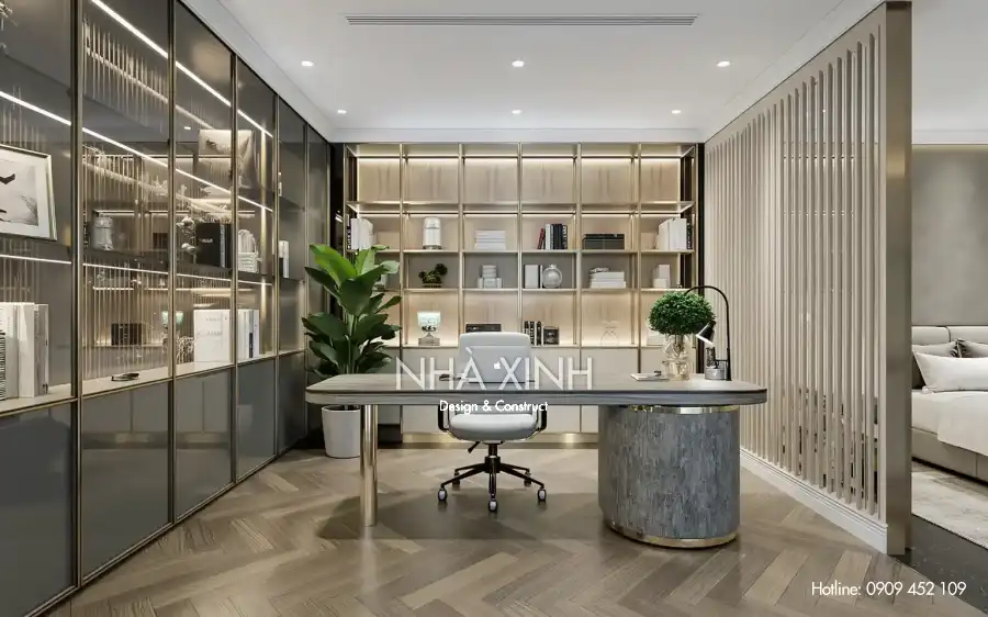 Khu vực bồn tắm biệt thự BT-0223 với ánh sáng vàng ấm áp và nội thất sang trọng