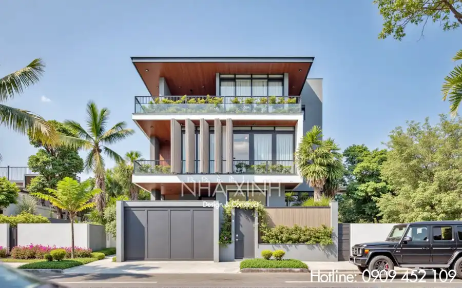 Mặt tiền biệt thự hiện đại tin tế và mạnh mẽ