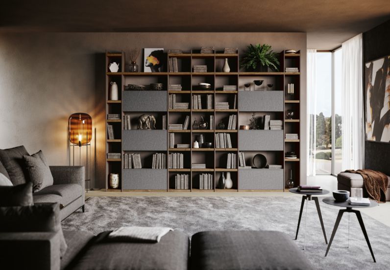 Thiết kế phòng sinh hoạt chung với tủ sách lớn