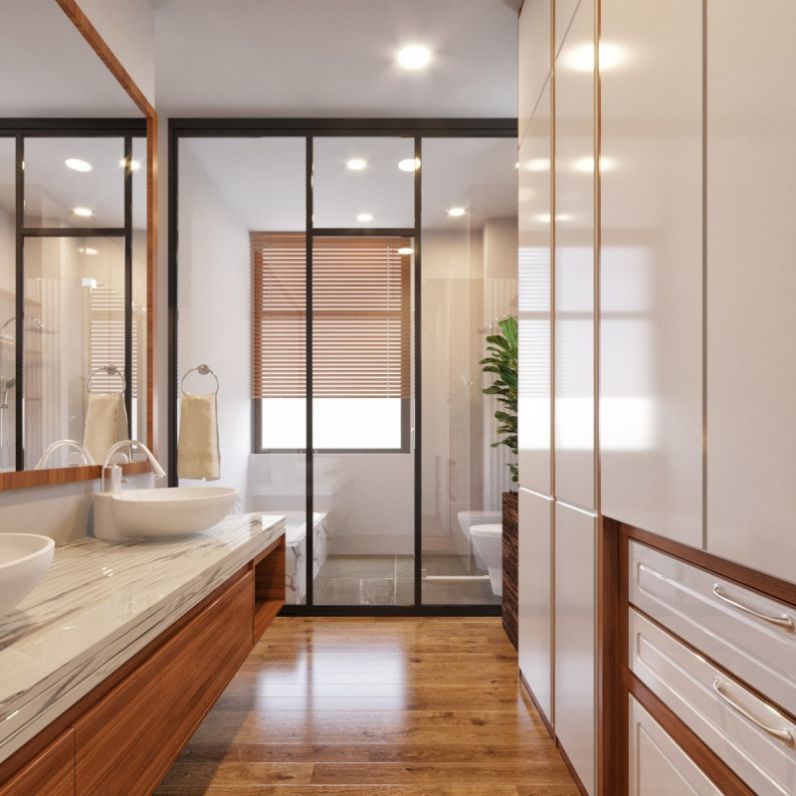 Phòng tắm rộng rãi nhờ sử dụng vách ngăn kính