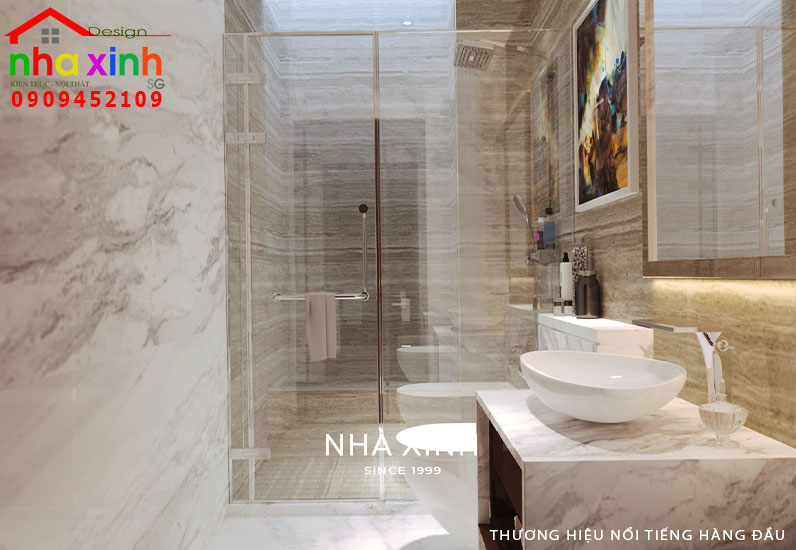 Phòng tắm được ốp bằng gạch giả gỗ