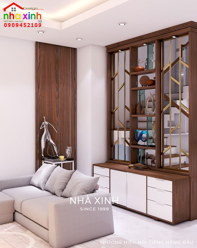 Kệ gỗ treo tường giúp tăng tính thẩm mỹ cho phòng khách