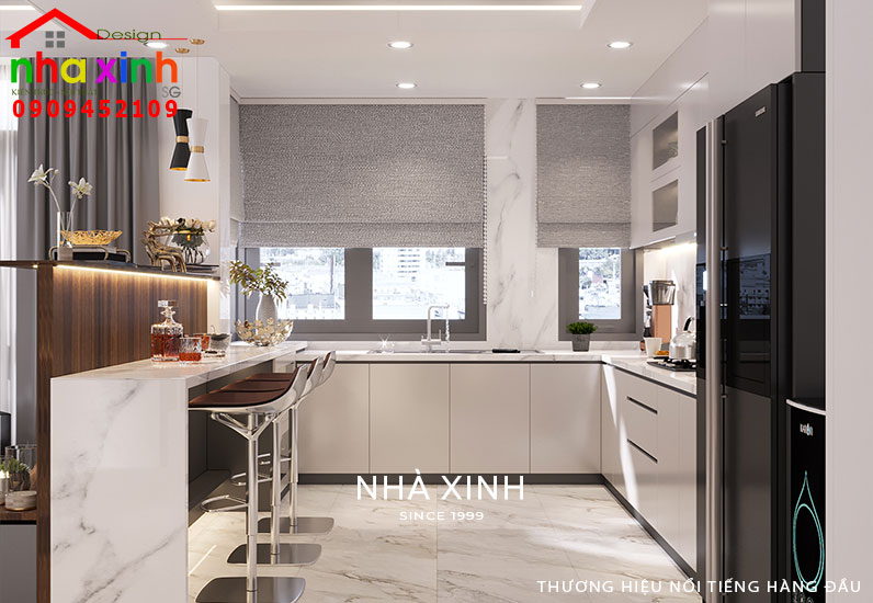 Quầy bếp hình chữ L có đảo bếp tiện nghi