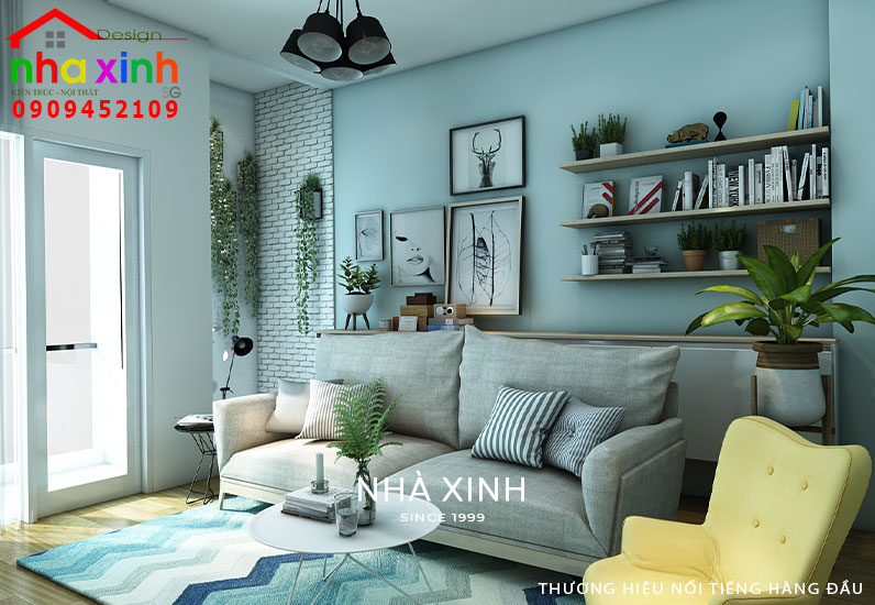 Phòng sinh hoạt chung với sofa và kệ trang trí đẹp mắt