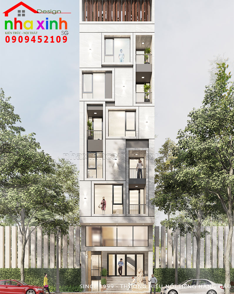Mẫu kiến trúc nhà phố đẹp hiện đại 6 tầng có hầm sang trọng