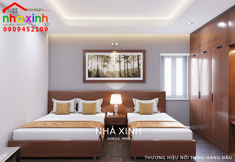 Phòng ngủ 5 được thiết kế nổi bật với tone màu trầm ấm