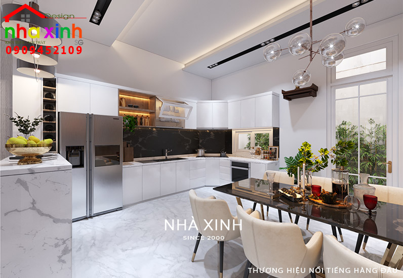 Bàn ăn được thiết kế kết nối phòng bếp tiện nghi