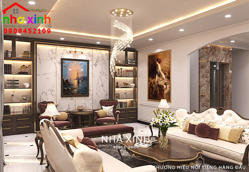 Phòng khách được tạo điểm nhấn bởi hệ tủ trưng bày bắt mắt