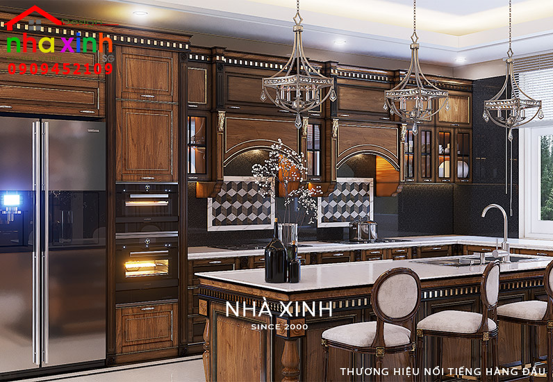 Phòng bếp được thiết kế tích hợp hệ tủ bếp thông minh kết hợp quầy bar tiện nghi