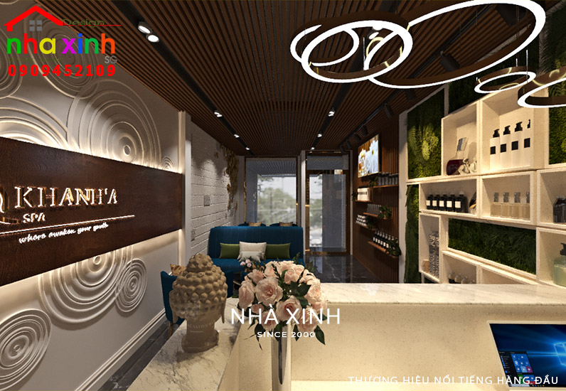 Toàn cảnh không gian sảnh tiếp khách của spa Khánh Hà từ góc nhìn của bàn lễ tân