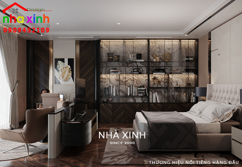 Hệ tủ trưng bày với cách bố trí tiện nghi được tạo điểm nhấn với phần vân đá ốp ấn tượng