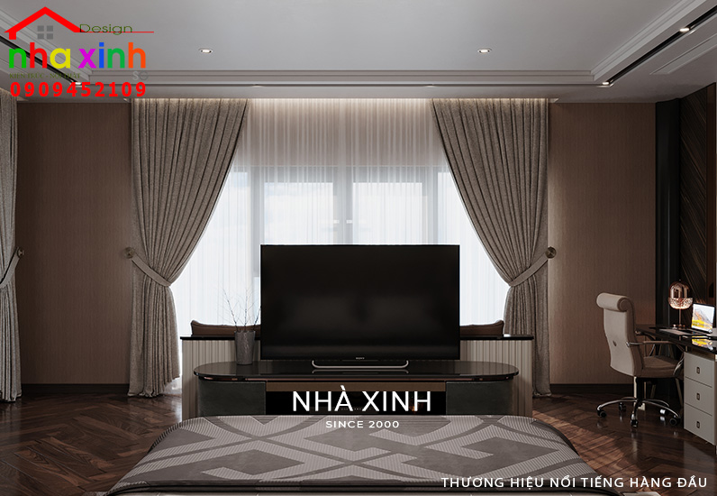 Phòng ngủ được thiết kế tích hợp hệ tủ tivi tạo không gian giải trí 