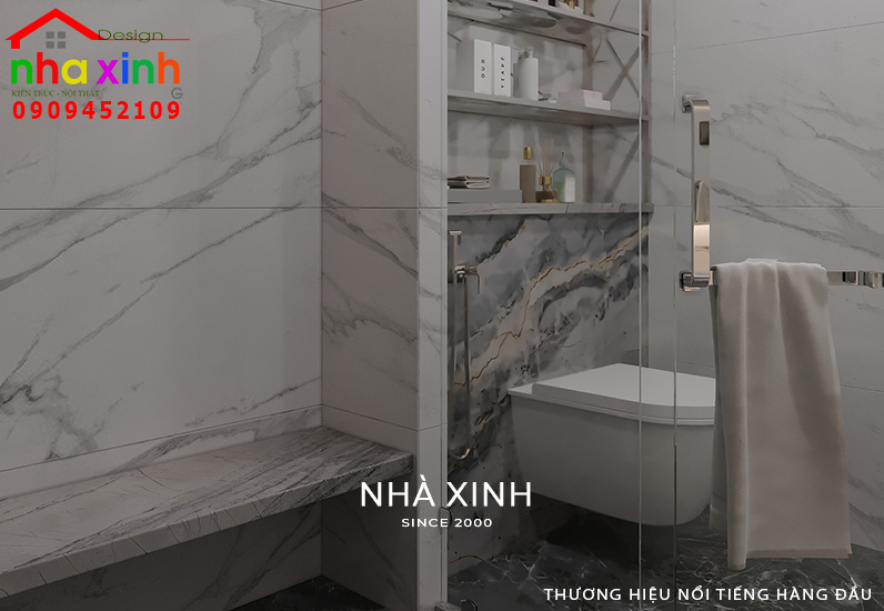 Phòng tắm được thiết kế nổi bật với phần gạch ốp vân mây