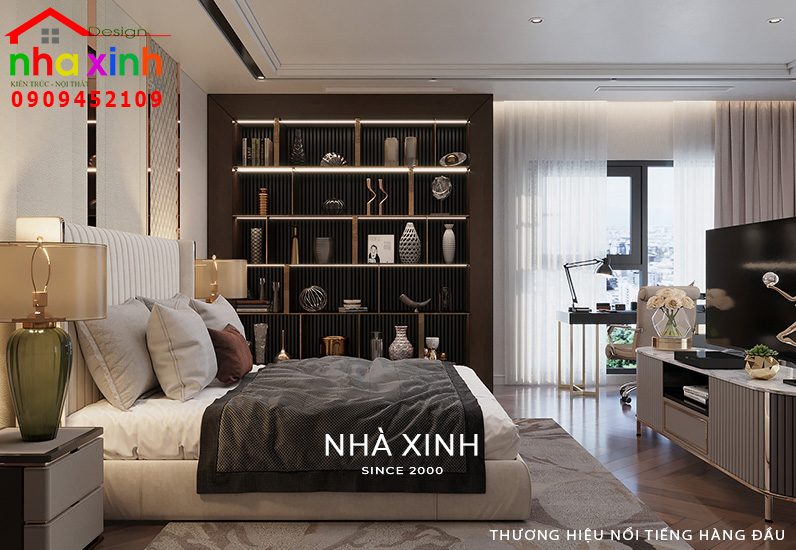 Góc view phòng ngủ được thiết kế tích hợp hệ tủ trưng bày đẹp mắt