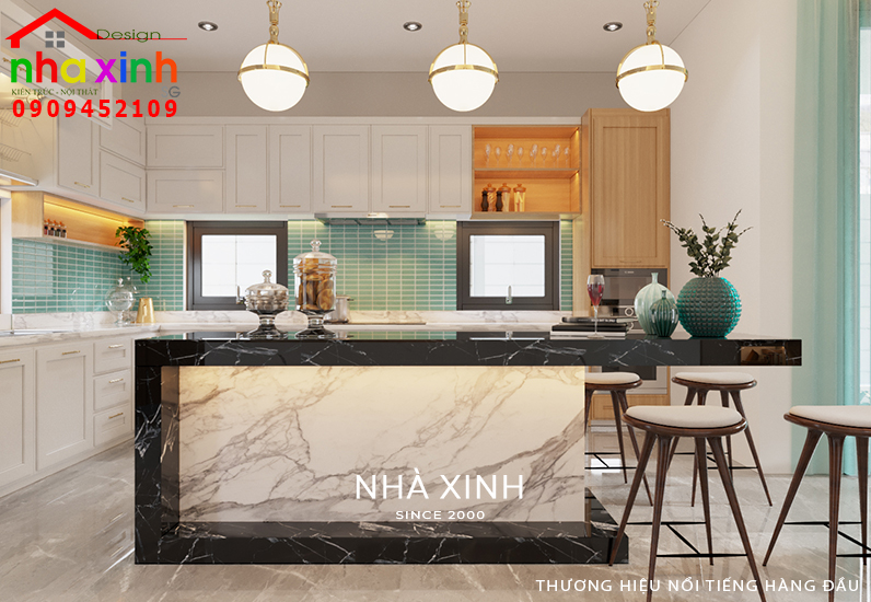 Phòng bếp được ốp đá tự nhiên cao cấp