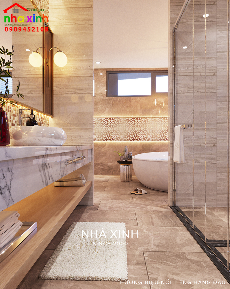 Tường, nền phòng tắm được ốp đá tự nhiên