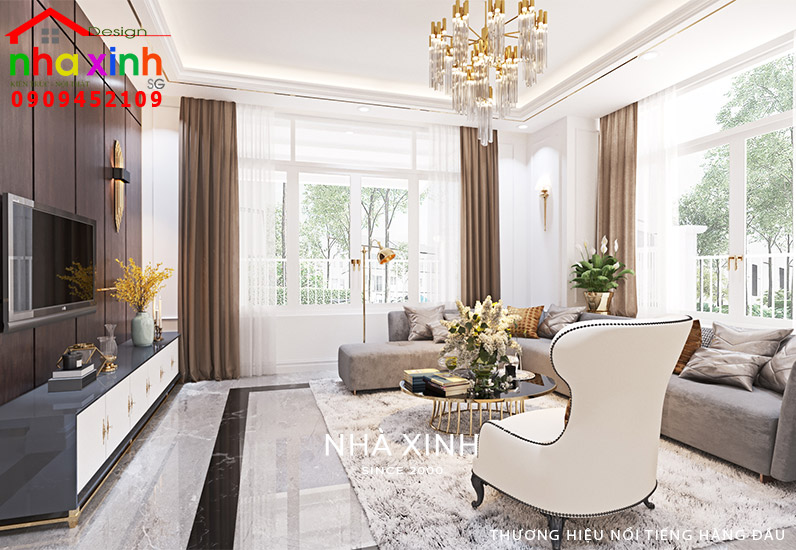 Nội thất phòng khách biệt thự với bộ bàn ghế sofa cao cấp