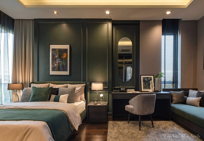 Phòng ngủ hiện đại, tông màu xám - xanh