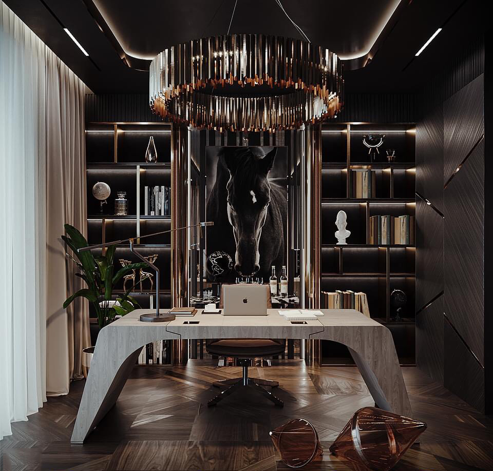 Khu vực làm việc được trang hoàn lộng lẫy và xa hoa